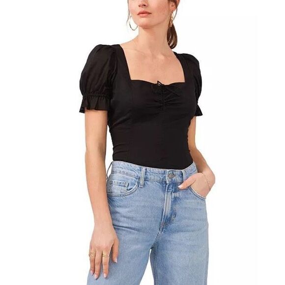 1.STATE Women's Puff Sleeve Cinched Front Sweetheart Top In Black - Picture 3 of 13